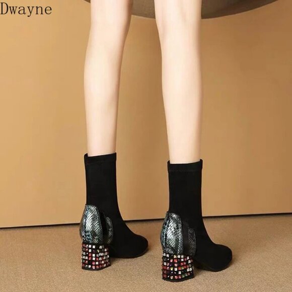 NWOT - Faux Suede Ankle boots with Colourful Rhinestone Décor Heels (US 7) - Picture 2 of 12